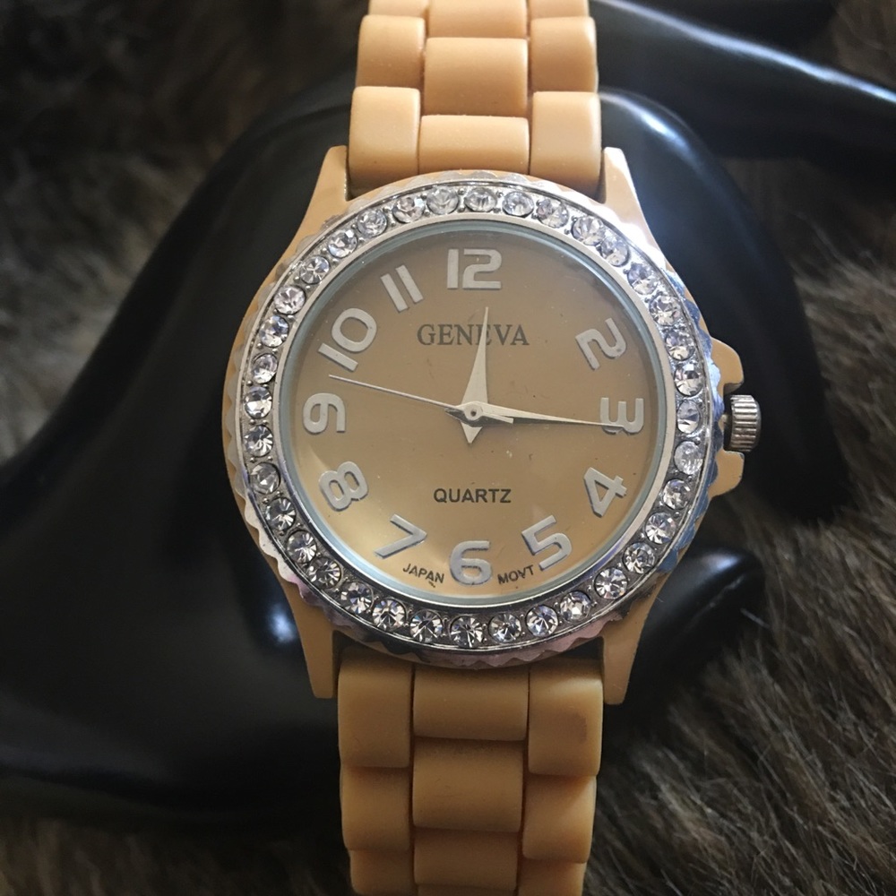 Ladies Geneva tan silicone band rhinestone watch